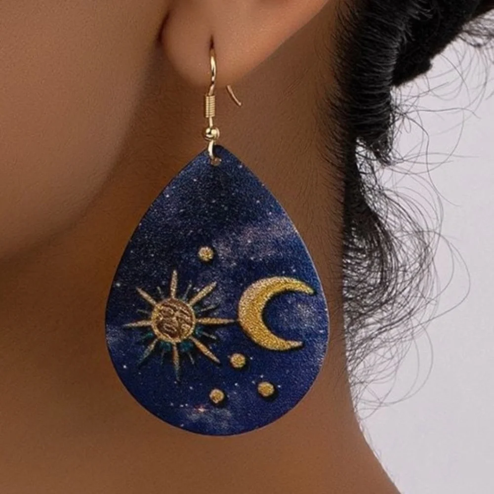 Womens Teardrop Sun Moon Blue Gold Tone‎ Earrings